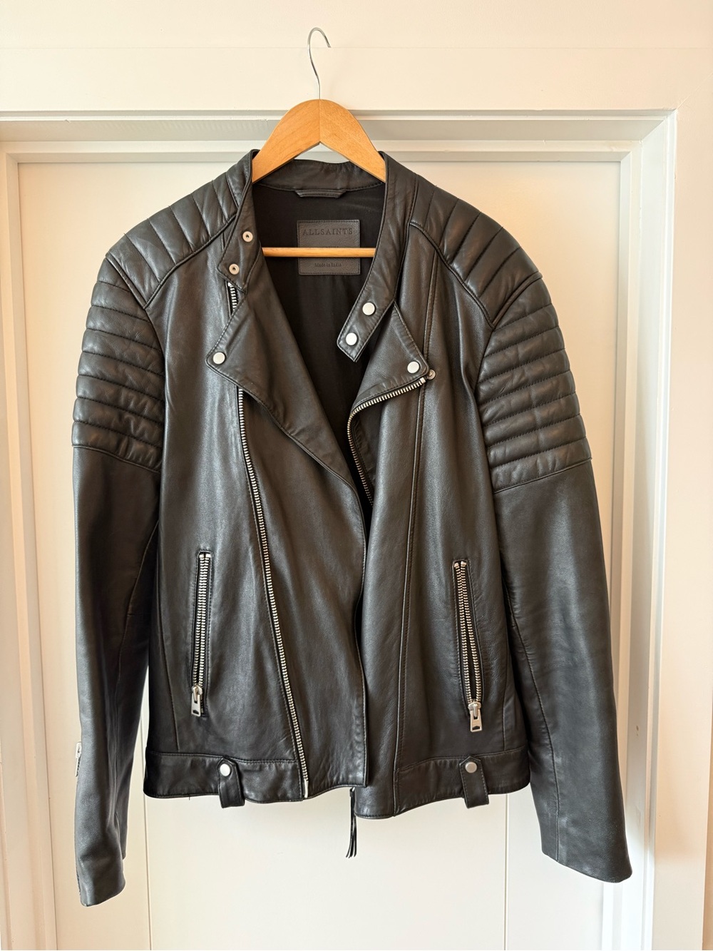 All Saints Black Quilted-Shoulder Leather Moto Jacket
